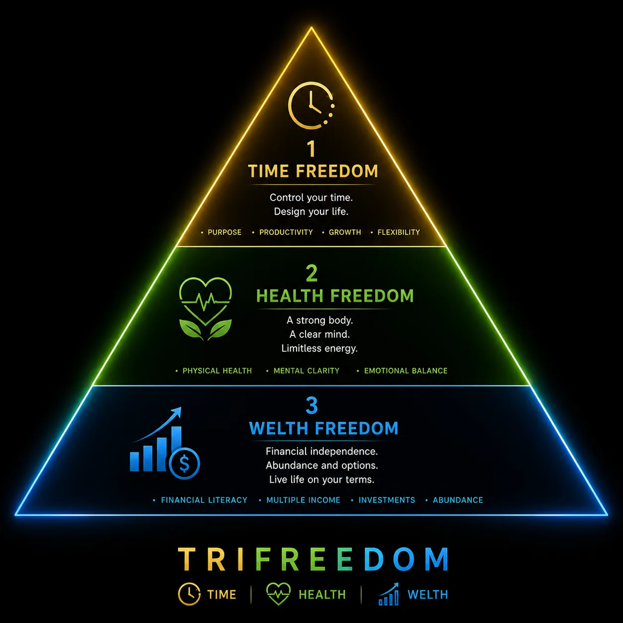 TriFreedom pyramid poster — the three freedoms: Time, Health and Wealth