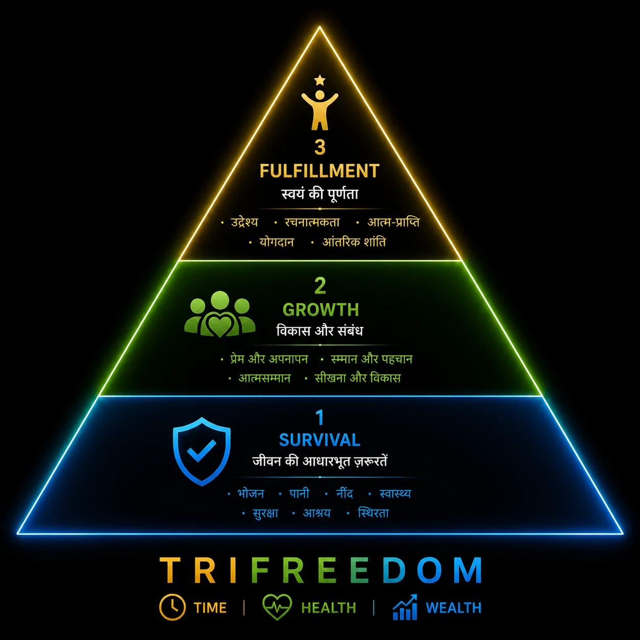 TriFreedom pyramid poster in Hindi — life's journey from survival to growth to fulfillment