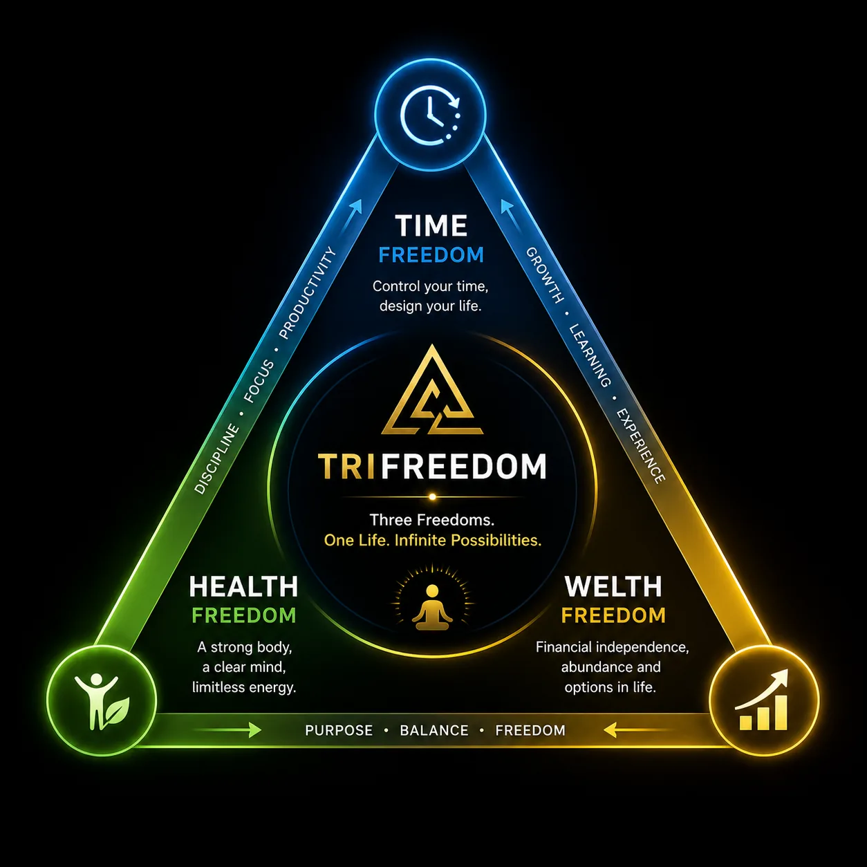 TriFreedom triangle poster — Time, Health and Wealth connected as three corners of one triangle